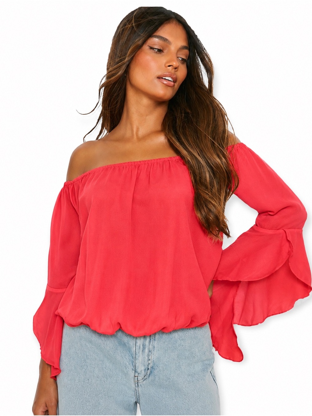 Boohoo Coral-Red Off-Shoulder Blouse with Tiered Flounce Sleeves